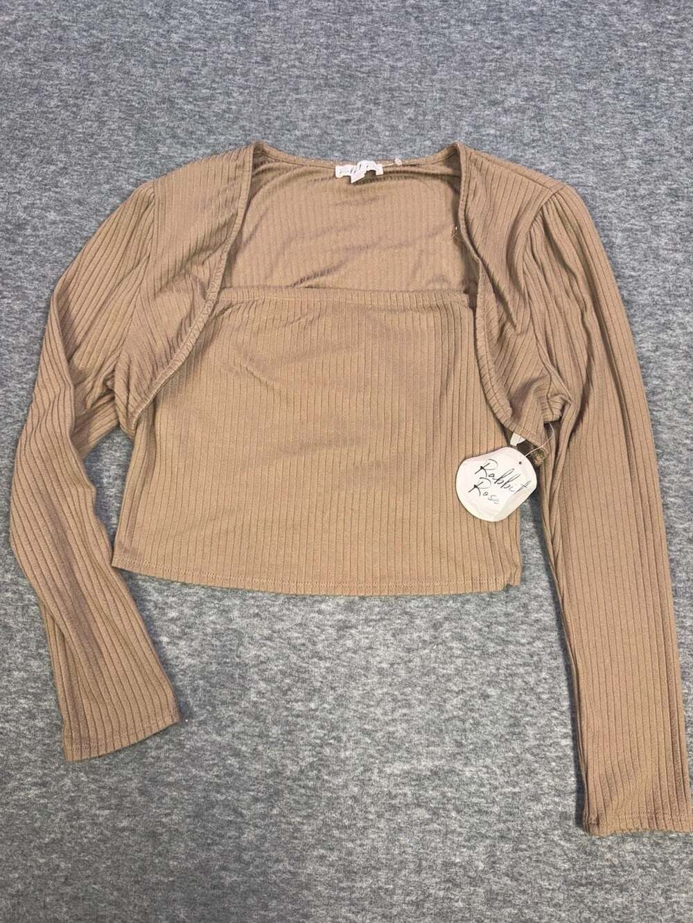 Rabbit Rose Tan Ribbed Tube Top and Long Sleeve Shrug 2-Piece Set Size XL